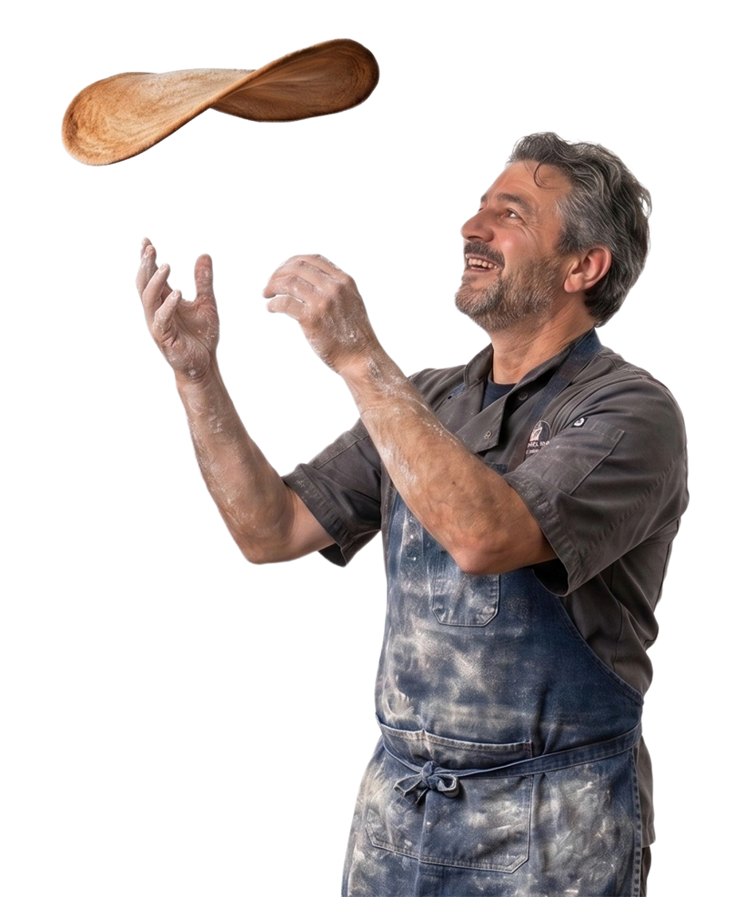 A pizzaiolo tossing dough